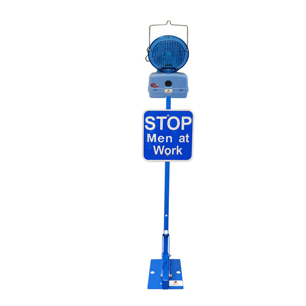 Blue Permanent Mount Base w/ 2-12x12Blue Sign, Stop men at work, HIP reflective & M747-LED2 & batteries