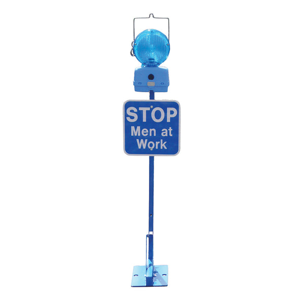 Blue Permanent Mount Base w/ 12x12 Blue Sign, Stop men at work, HIP reflective & M747-LED2 w/batteries