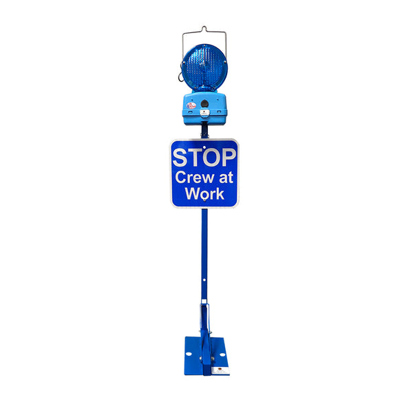 Blue Permanent Mount Base w/ 12x12Blue Sign, Stop crew at work, HIP reflective & M747-LED2, batteries
