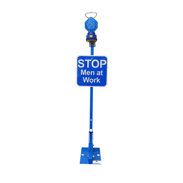 Blue Permanent Mount Base w/ 12x12 Blue Sign, Stop men at work, HIP reflective & M8-LED & batteries