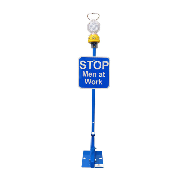 Blue Permanent Mount Base w/ 12x12 Blue Sign, Stop men at work, HIP reflective & M8-LED C & batteries