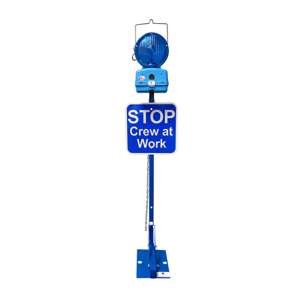 Blue Permanent Mount Base w/ 12x12 Blue Sign, Stop crew at work, HIP reflective & M747-LED2, batteries & chain