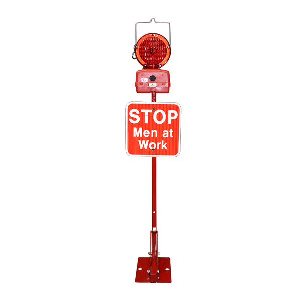 Red Permanent Mount Base W/ 12x12 Red Stop Crew at Work HIP reflective sign,M747R-LED2, 2 Batteries