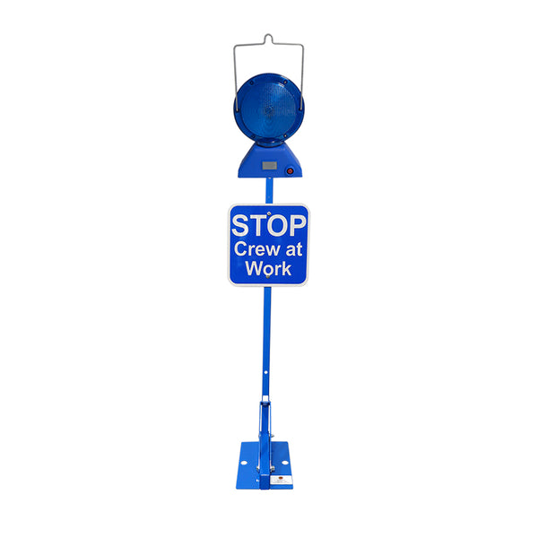 Blue Permanent Mount Base w/ 12x12 Blue Sign, Stop crew at work, HIP reflective & M737-LED-B w/ 4 D batteries