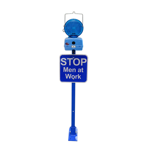 Heavy Duty Blue Flag with 12x12 Blue sign Stop men at work, HIP reflective & M747-LED2 & batteries