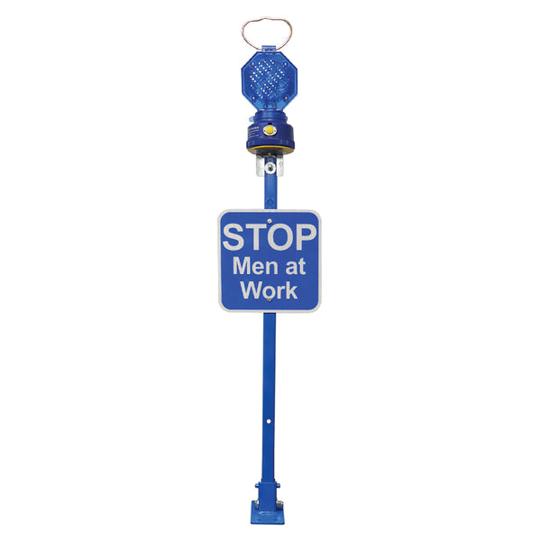 Heavy Duty Blue Flag with 12x12 Blue sign Stop men at work, HIP reflective & M8-LED & batteries
