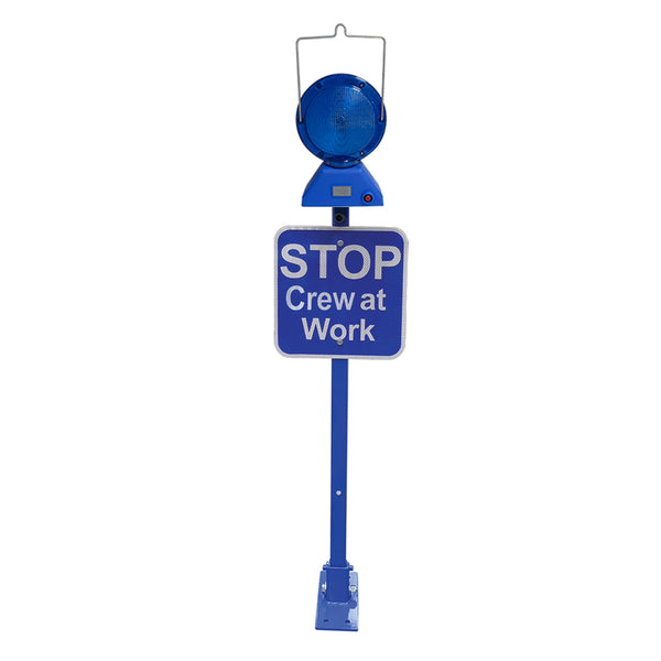 Heavy Duty Blue Perm Mount Base w/ 12x12 Blue Sign, Stop crew at work, HIP reflective & M737-LED-B w/ 4 D batteries