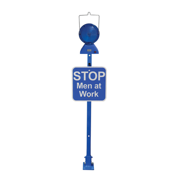 Heavy Duty Blue Perm Mount Base w/ 12x12 Blue Sign, Stop men at work, HIP reflective & M737-LED-B w/ 4 D batteries
