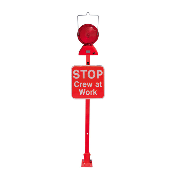 Red Heavy Duty Perm Mount Base w/ 12x12 Red Sign, Stop crew at work, HIP reflective & M737-LED-R w/ 4 D batteries
