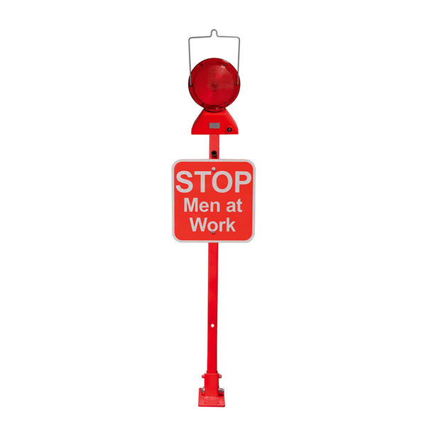 Red Heavy Duty Perm Mount Base w/ 12x12 Red Sign, Stop men at work, HIP reflective & M737-LED-R w/ 4 D batteries
