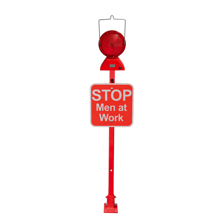 Red Heavy Duty Perm Mount Base w/ 12x12 Red Sign, Stop men at work, HIP reflective & M737-LED-R w/ 4 D batteries