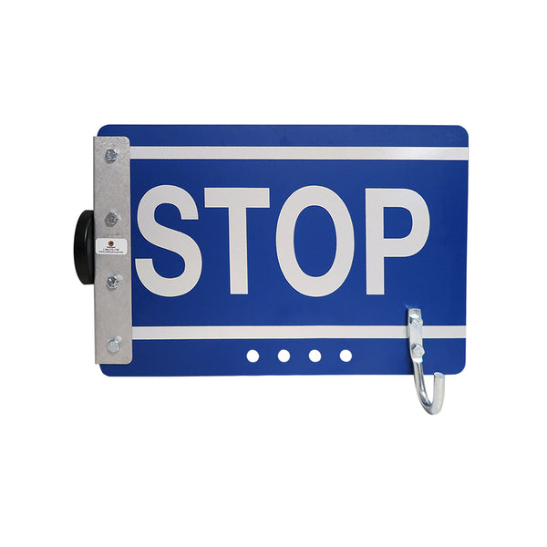 Blue plastic sign 14 3/4x10 STOP engineer grade reflective with 90# Pull Magnet & J hook