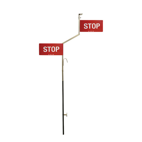 Loco. angled aluminum staff, 2 Red plastic 19 5/8x9 Â¾ Stop signs, engineer grade reflective lettering