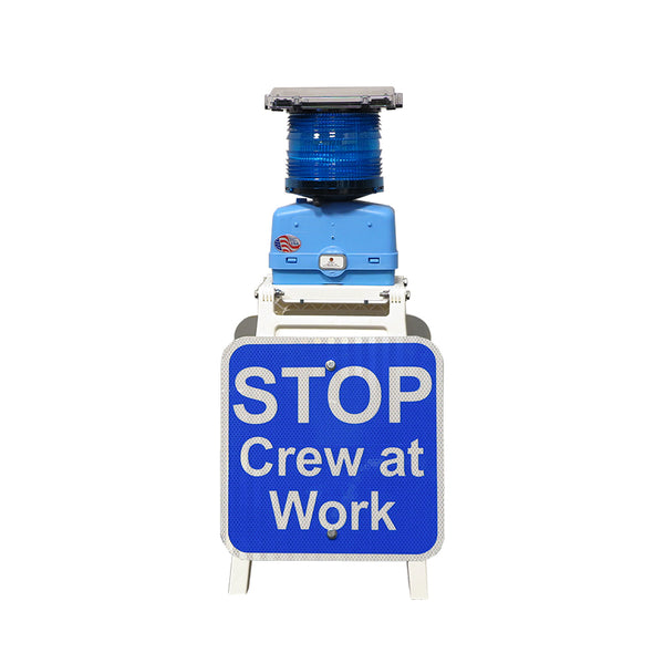PORTABLE STAND WITH M500-SOLAR B AND 12"X12" BLUE STOP CREW AT WORK SIGNS, HIP REFLECTIVE