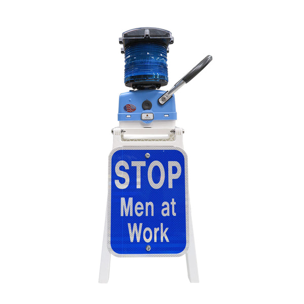 Portable Stand With M500-SOLAR B and 9x12 Blue Stop Men at Work signs, HIP reflective