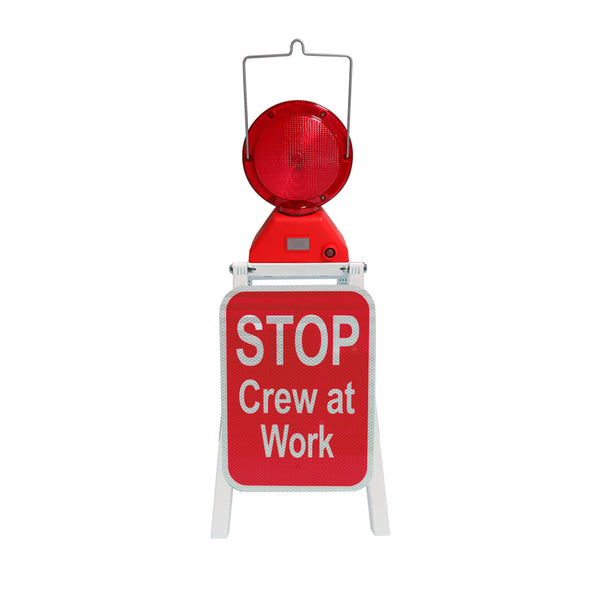 Portable Stand w/ M737-R-4D, 2 9x12 Red Stop Crew at Work signs, HIP reflective and 4 -D batteries