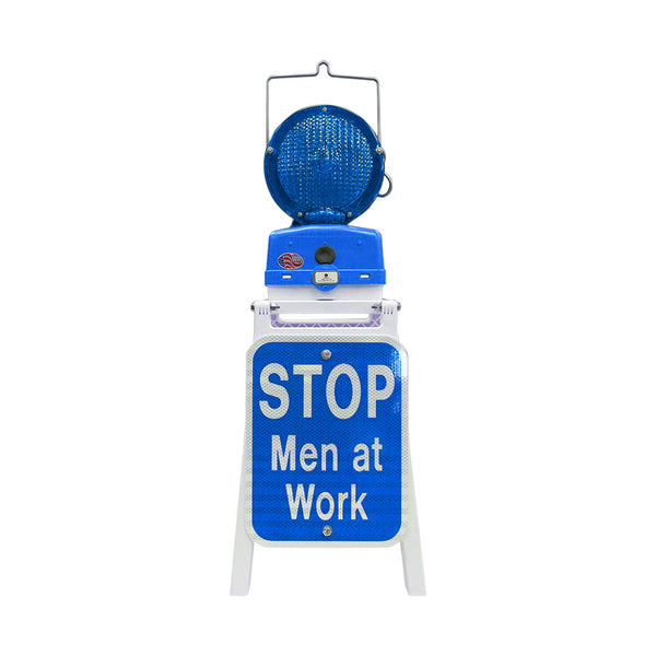 PORTABLE STAND W/ M747-LED2 BLUE AND 2 9"X12" STOP MEN AT WORK SIGNS, HIP REFLECTIVE