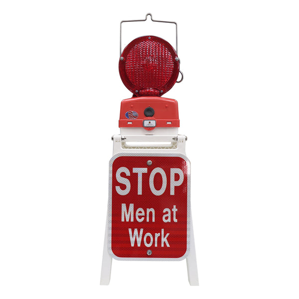 Portable Stand w/ M747R-LED2 Red, 2- 9x12 Stop Men at Work signs, HIP reflective and 2- 6V batteries