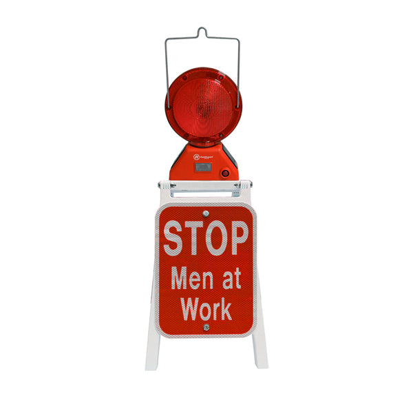 PORTABLE STAND WITH M900-SR AND 9"X12", RED STOP MEN AT WORK SIGNS, HIP REFLECTIVE
