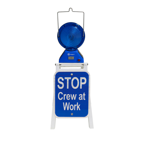 Portable Stand with M900-SB and 9x12 Blue Stop Crew at Work signs, HIP reflective