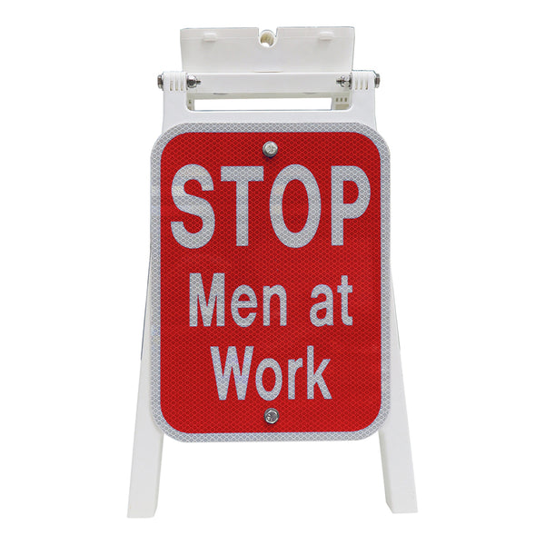 PORTABLE STAND WITH 9"X12", RED STOP MEN AT WORK SIGNS, HIP REFLECTIVE