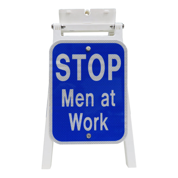 Portable Stand with 9x12 Blue Stop Men at Work signs, HIP reflective