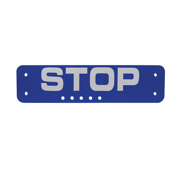 11x4 Blue Sign Stop .055g plastic white letters, engineer grade lettering, blue sign, STOP with side & btm holes, 2 side, 5 btm centered