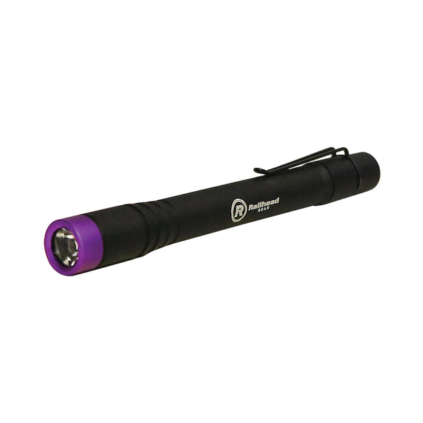 UV flashlight with push button & pocket clip purple end band 2 AAA batteries included